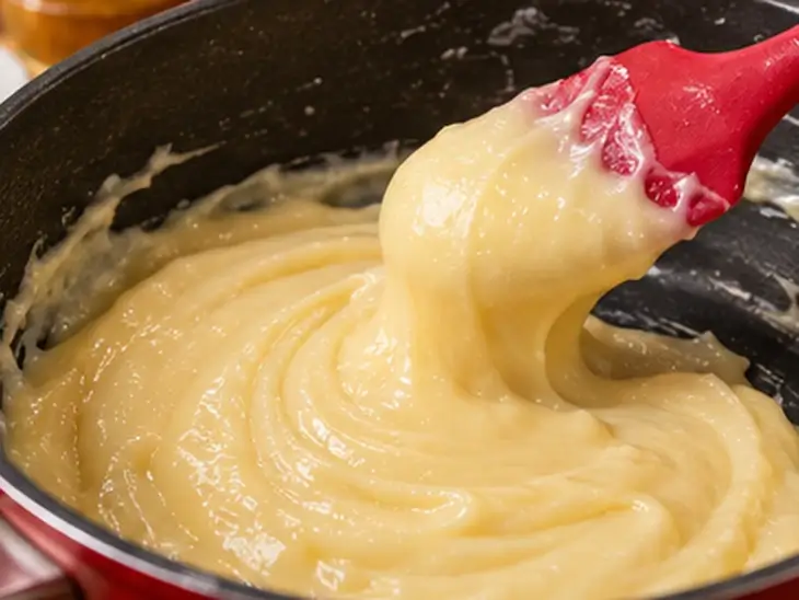 Como Fazer Brigadeiro Branco para Uva do Amor Brigadeiro branco cremoso sendo mexido com espátula vermelha dentro de uma panela antiaderente.
