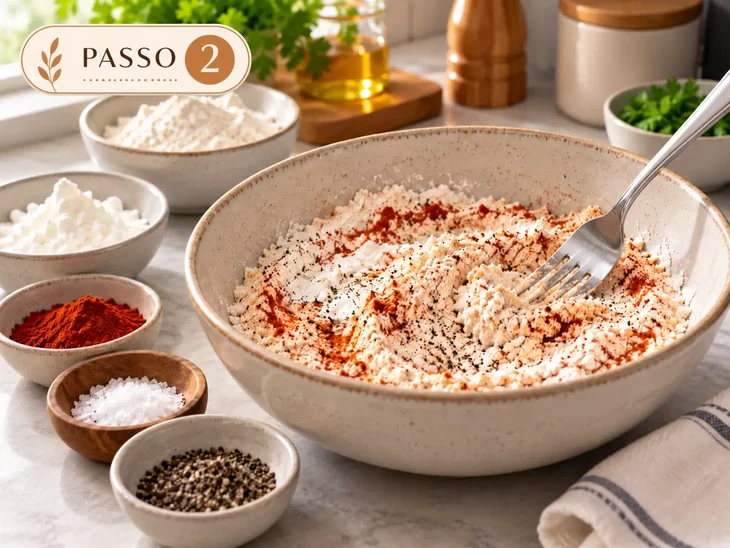 Tigela com farinha de trigo, amido de milho, páprica e pimenta sendo misturados com um garfo