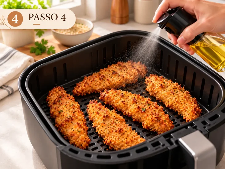 Tiras de frango empanadas separadas na cesta da air fryer enquanto recebem óleo em spray