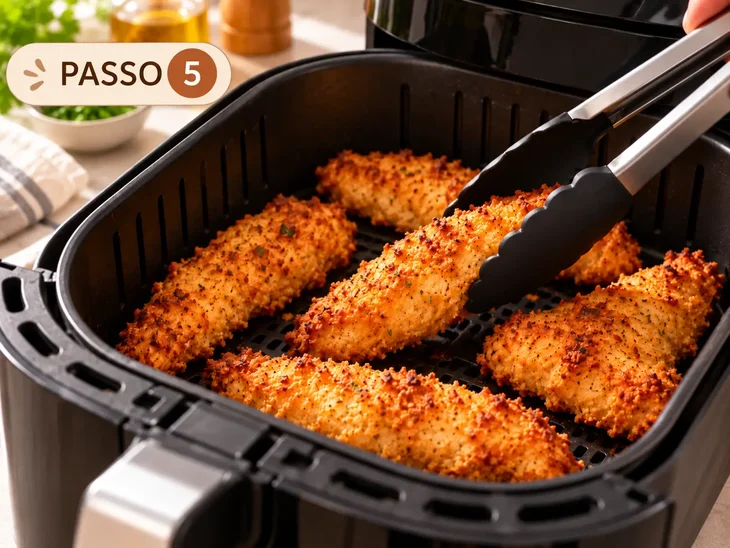 Pinça virando uma tira de frango empanado dourado dentro da cesta da air fryer