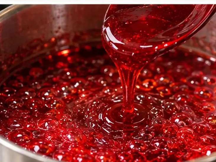 Calda Vermelha Crocante para Uva do Amor Calda vermelha brilhante de açúcar fervendo em uma panela, com colher levantando um fio de calda.
