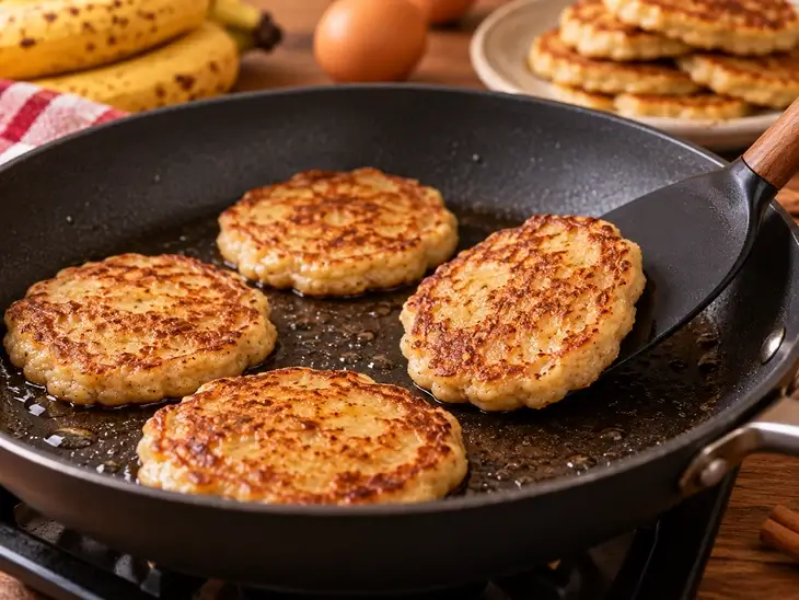 Panquecas pequenas de banana com aveia douradas em uma frigideira preta, com uma delas sendo levantada por uma espátula.