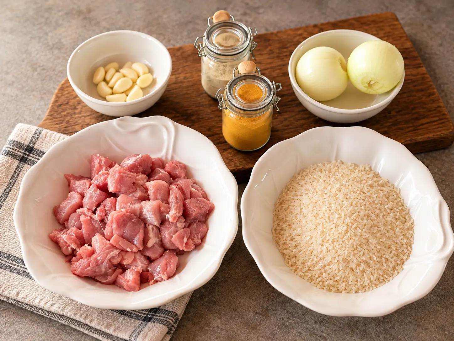Ingredientes para Arroz com Pernil Tigelas com pernil cru em cubos, arroz, alho, duas cebolas e recipientes de temperos.