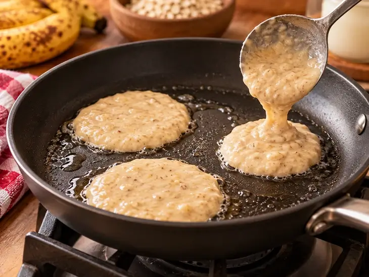 Colher despejando massa de banana com aveia em uma frigideira antiaderente com pequenas panquecas começando a cozinhar.