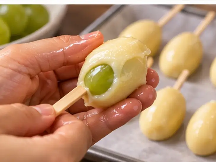 Como Envolver as Uvas com Brigadeiro Branco Mãos cobrindo uma uva verde no palito com brigadeiro branco, com outras uvas preparadas sobre uma assadeira.