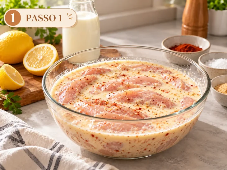 Tiras de frango cru em tigela de vidro com marinada de leite, limão e páprica