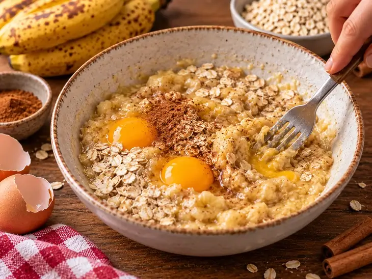 Tigela com banana amassada, dois ovos, aveia em flocos e canela sendo misturados com um garfo.